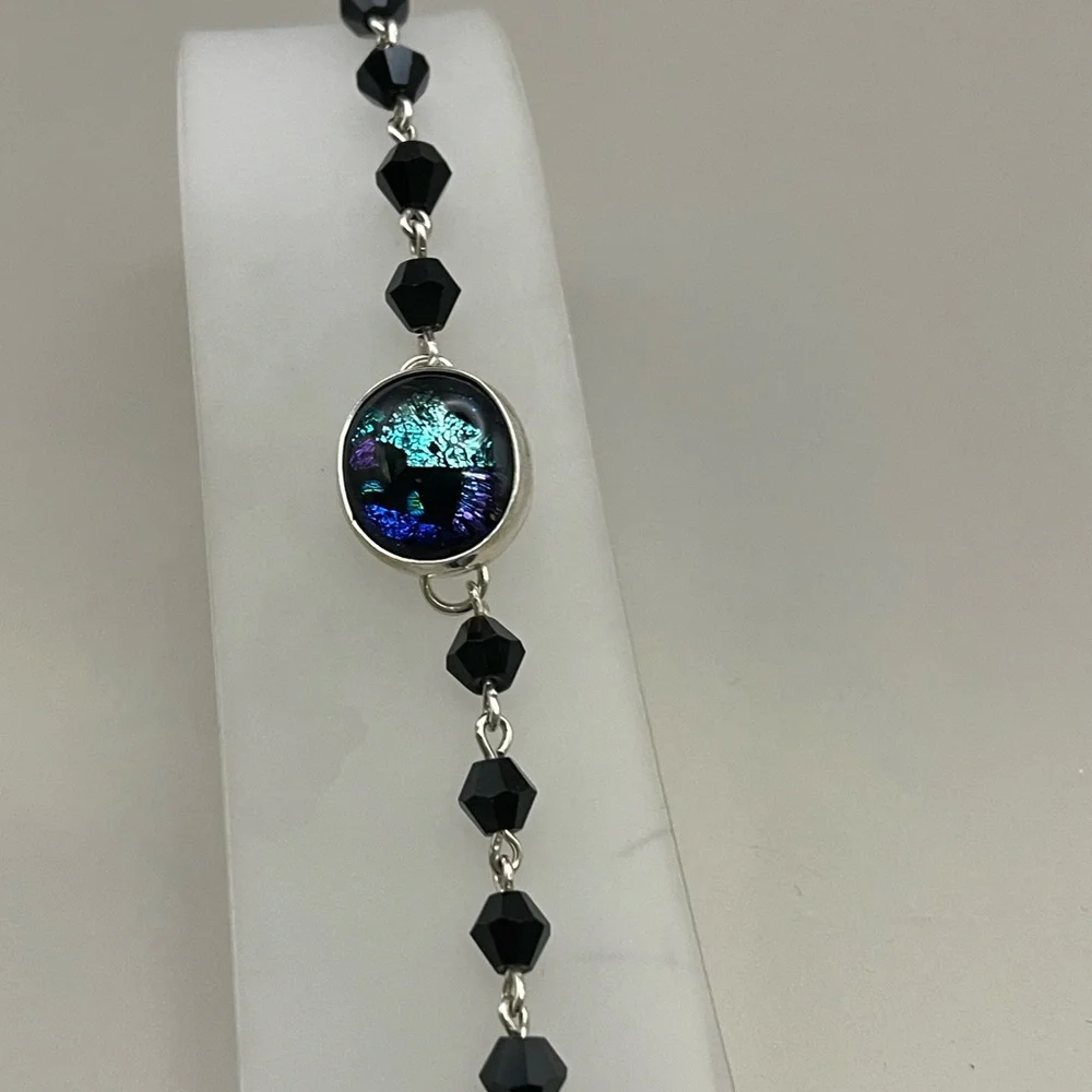 Black and Sterling Silver Beaded Bracelet with Fused Glass Center as an Accent